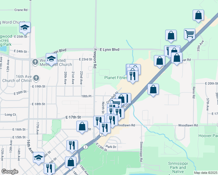 map of restaurants, bars, coffee shops, grocery stores, and more near 2410 Merrill Street in Sterling