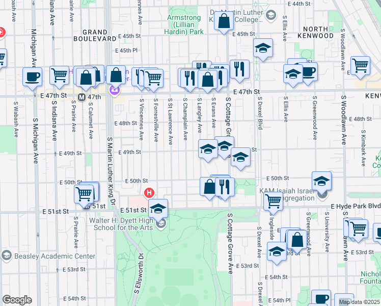 map of restaurants, bars, coffee shops, grocery stores, and more near 635 East 49th Street in Chicago