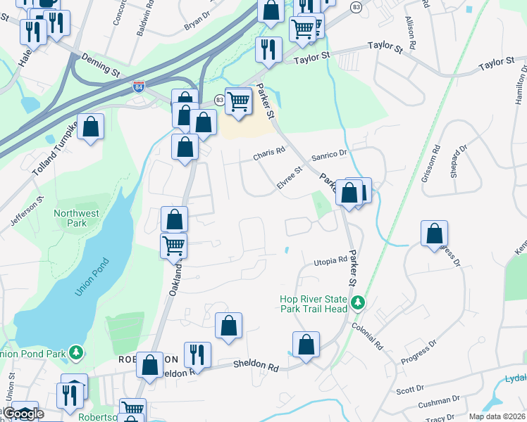 map of restaurants, bars, coffee shops, grocery stores, and more near 153 Tudor Lane in Manchester