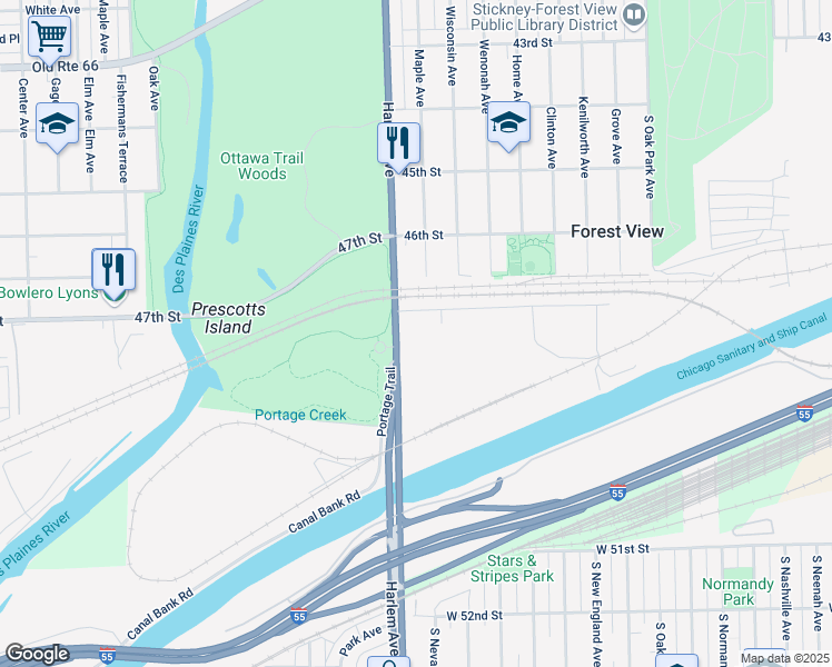 map of restaurants, bars, coffee shops, grocery stores, and more near 4811 South Harlem Avenue in Forest View
