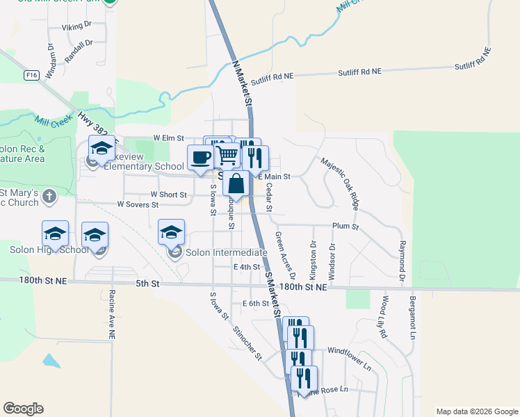 map of restaurants, bars, coffee shops, grocery stores, and more near 314 South Market Street in Solon