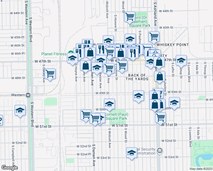 map of restaurants, bars, coffee shops, grocery stores, and more near 4830 South Wolcott Avenue in Chicago