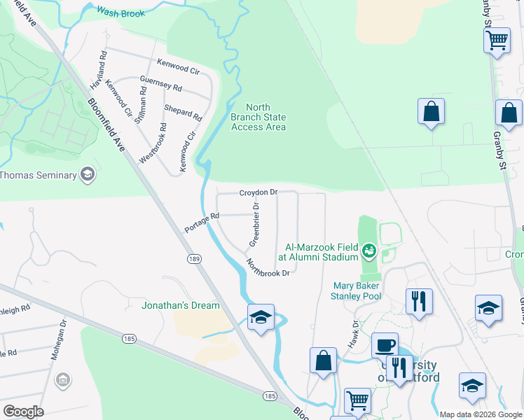 map of restaurants, bars, coffee shops, grocery stores, and more near 24 Greenbrier Drive in West Hartford