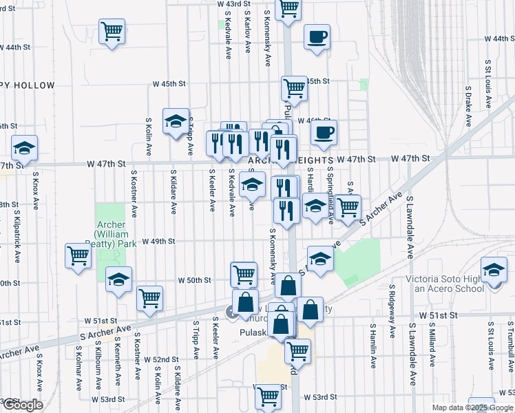 map of restaurants, bars, coffee shops, grocery stores, and more near 4815 South Karlov Avenue in Chicago