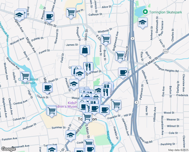 map of restaurants, bars, coffee shops, grocery stores, and more near 26 Alvord Street in Torrington