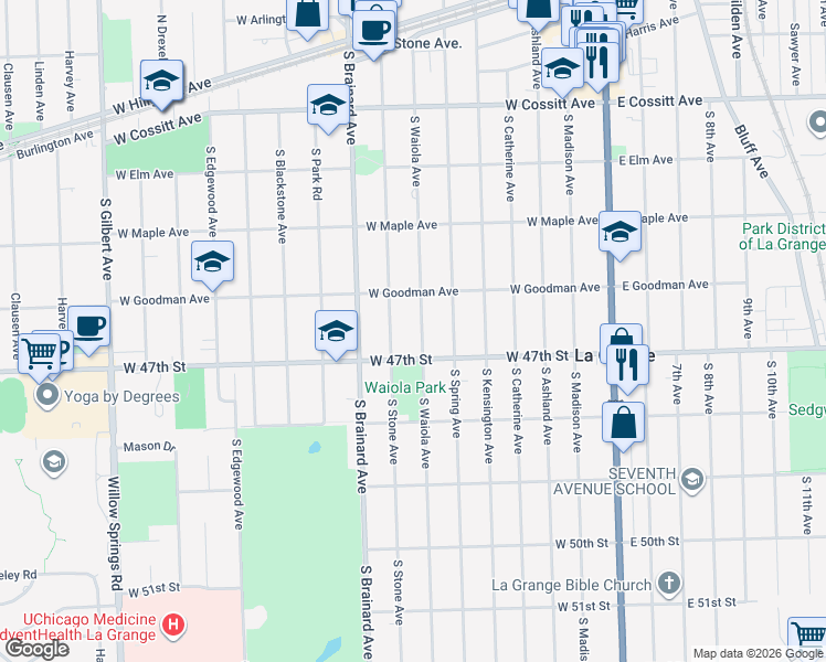 map of restaurants, bars, coffee shops, grocery stores, and more near 411 South Stone Avenue in La Grange