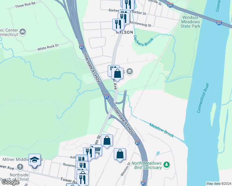 map of restaurants, bars, coffee shops, grocery stores, and more near 151 Windsor Avenue in Windsor