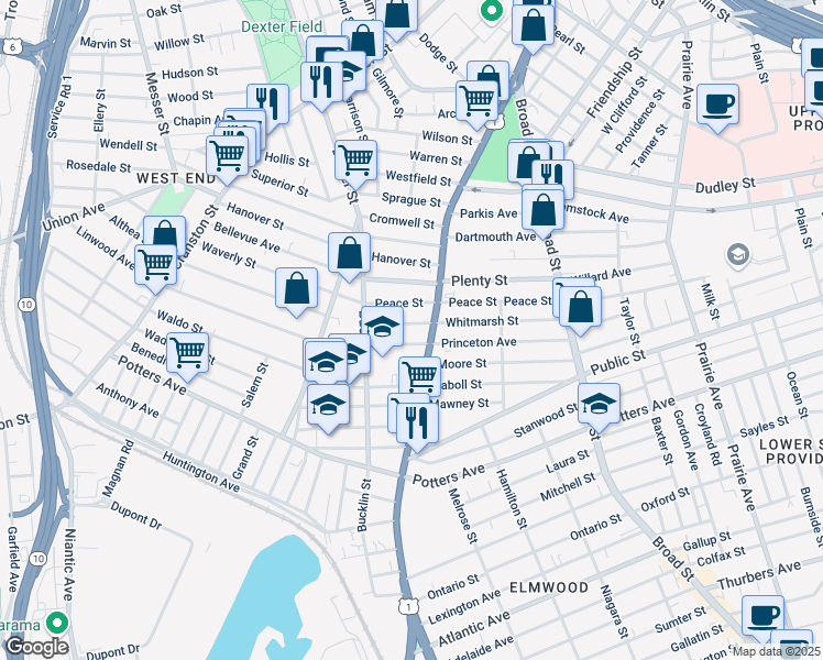 map of restaurants, bars, coffee shops, grocery stores, and more near 142 Peace Street in Providence