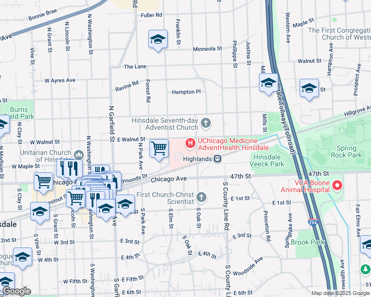 map of restaurants, bars, coffee shops, grocery stores, and more near 120 North Oak Street in Hinsdale