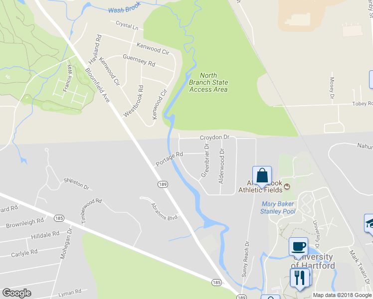 map of restaurants, bars, coffee shops, grocery stores, and more near 36 Portage Road in West Hartford