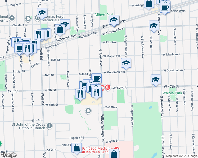 map of restaurants, bars, coffee shops, grocery stores, and more near 20 46th Street in Western Springs