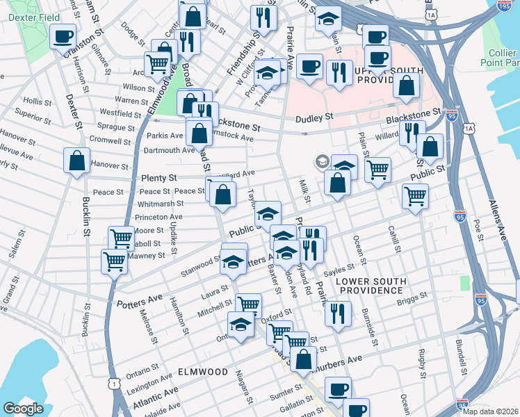 map of restaurants, bars, coffee shops, grocery stores, and more near 10 Mount Vernon Street in Providence