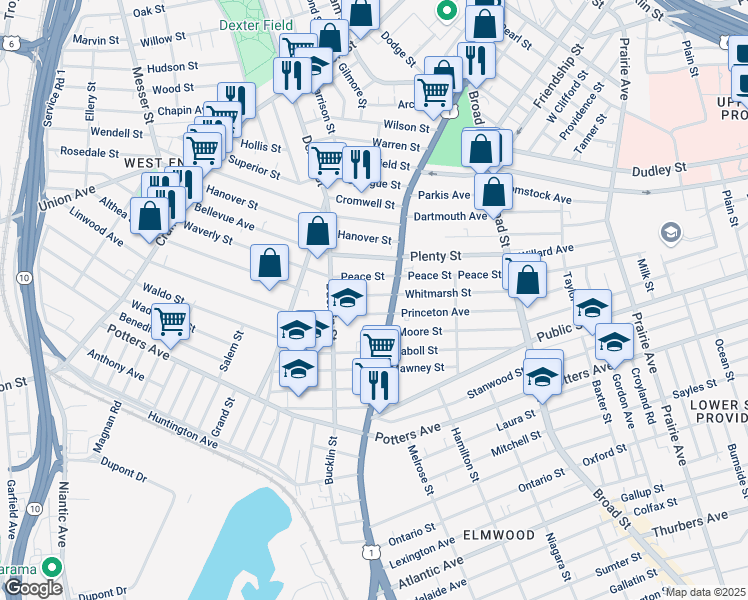 map of restaurants, bars, coffee shops, grocery stores, and more near 142 Peace Street in Providence