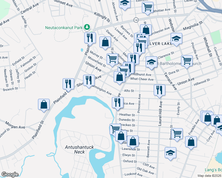 map of restaurants, bars, coffee shops, grocery stores, and more near 588R Union Avenue in Providence