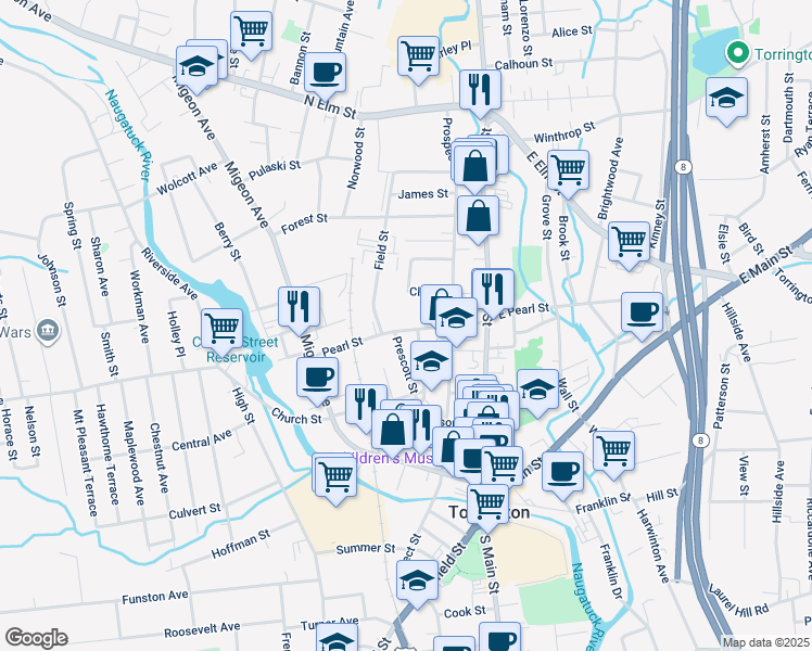 map of restaurants, bars, coffee shops, grocery stores, and more near 50 Field Street in Torrington