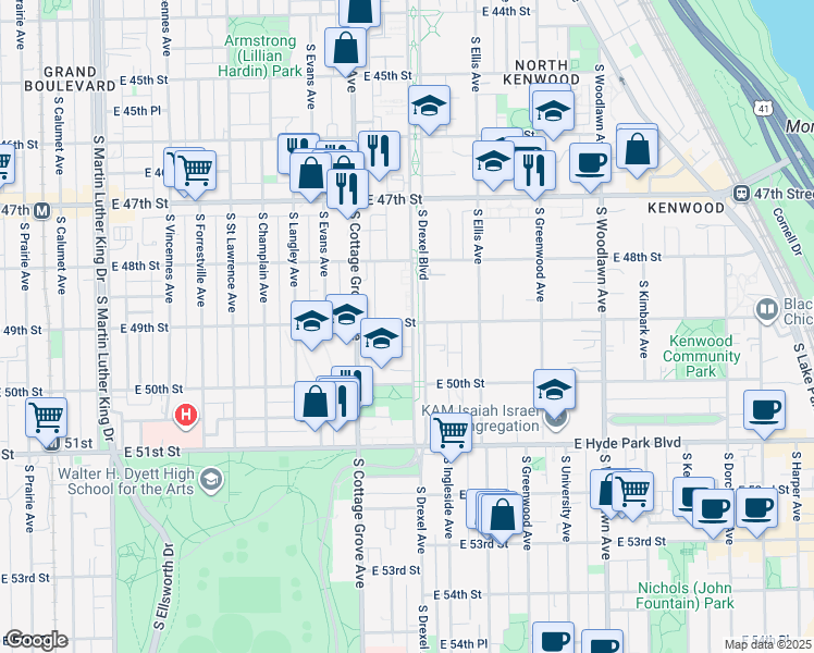 map of restaurants, bars, coffee shops, grocery stores, and more near 4834 South Drexel Boulevard in Chicago
