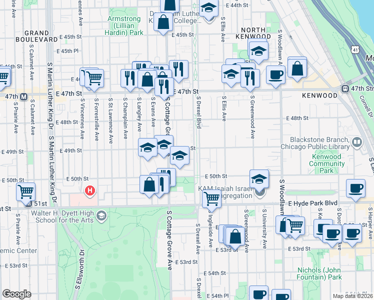 map of restaurants, bars, coffee shops, grocery stores, and more near 4834 South Drexel Boulevard in Chicago