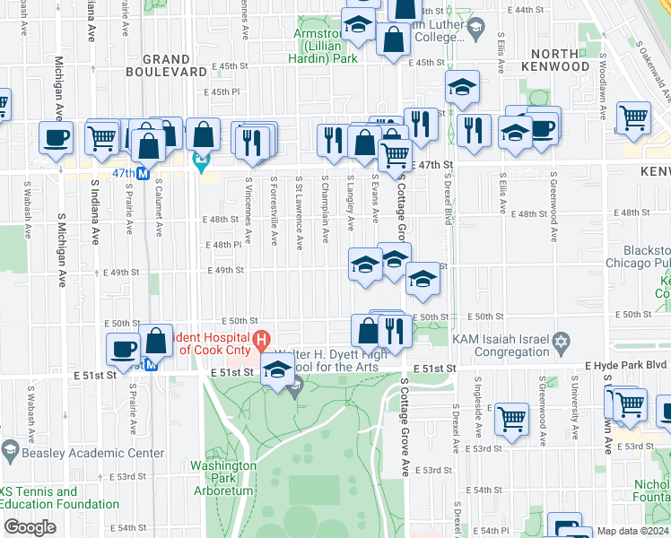 map of restaurants, bars, coffee shops, grocery stores, and more near 4842 South Langley Avenue in Chicago