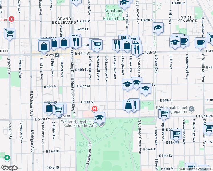 map of restaurants, bars, coffee shops, grocery stores, and more near 4838 South Saint Lawrence Avenue in Chicago
