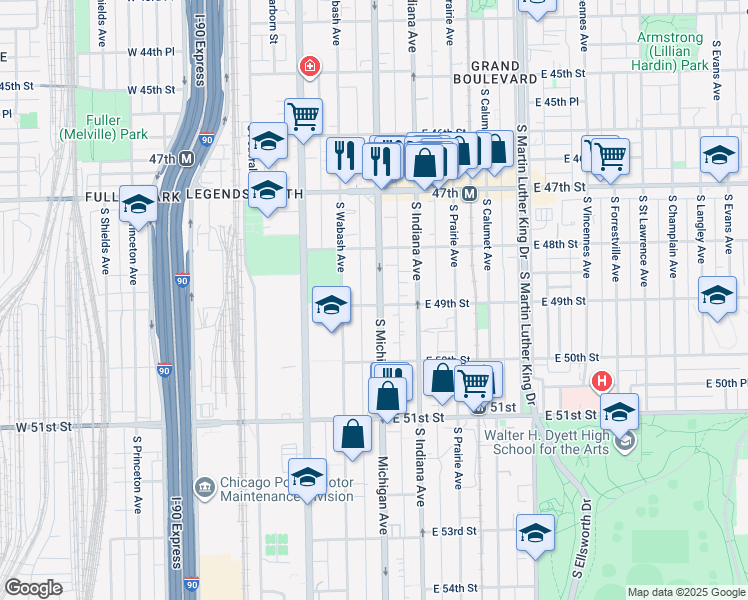 map of restaurants, bars, coffee shops, grocery stores, and more near 4835 South Michigan Avenue in Chicago