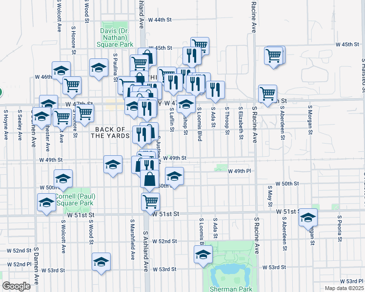 map of restaurants, bars, coffee shops, grocery stores, and more near 4808 South Bishop Street in Chicago