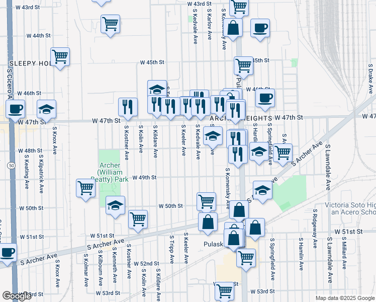map of restaurants, bars, coffee shops, grocery stores, and more near 4746 South Kedvale Avenue in Chicago