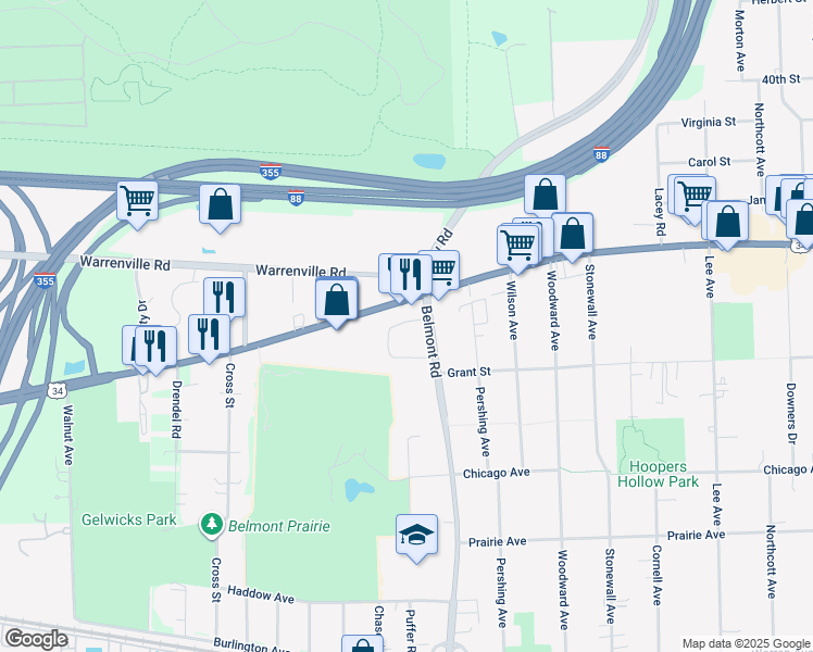 map of restaurants, bars, coffee shops, grocery stores, and more near 2223 Ogden Avenue in Downers Grove