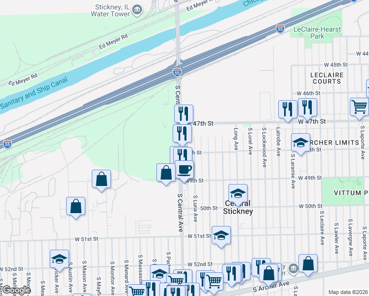 map of restaurants, bars, coffee shops, grocery stores, and more near 4722 South Luna Avenue in Chicago