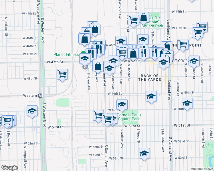 map of restaurants, bars, coffee shops, grocery stores, and more near 4829 South Damen Avenue in Chicago