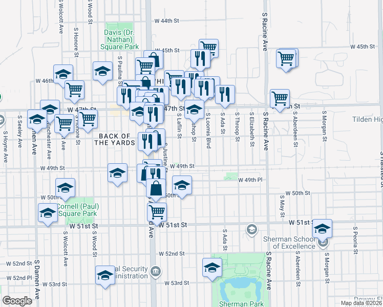 map of restaurants, bars, coffee shops, grocery stores, and more near 4808 South Bishop Street in Chicago