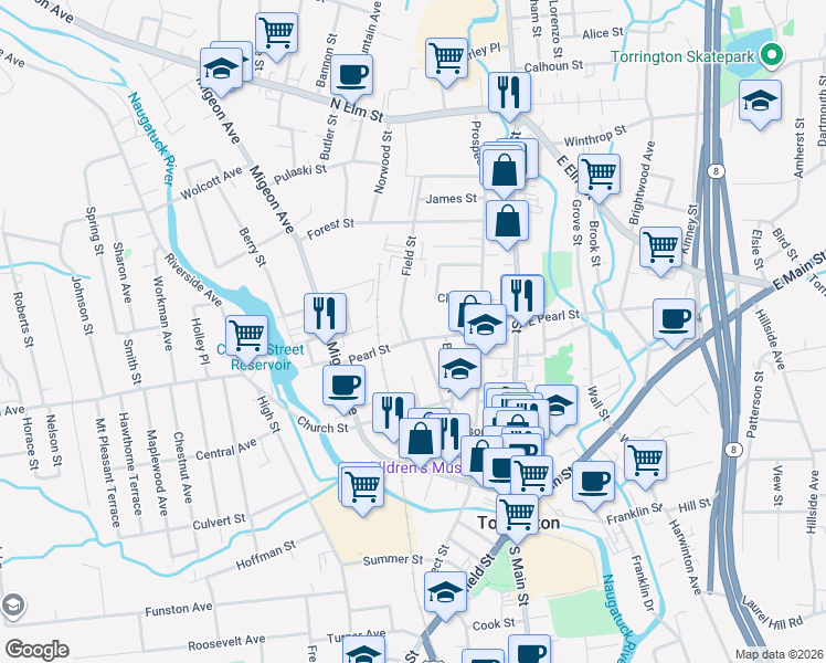 map of restaurants, bars, coffee shops, grocery stores, and more near 6 Field Street in Torrington