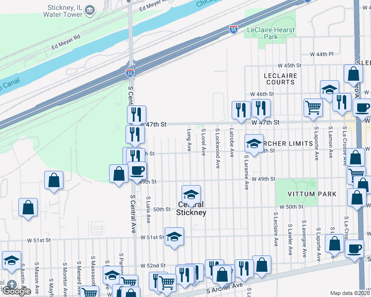 map of restaurants, bars, coffee shops, grocery stores, and more near 4735 Long Avenue in Chicago