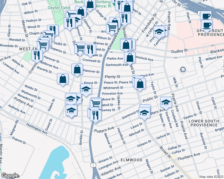 map of restaurants, bars, coffee shops, grocery stores, and more near 76 Whitmarsh Street in Providence