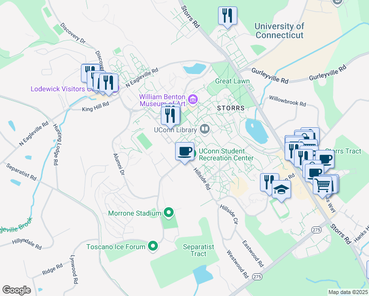 map of restaurants, bars, coffee shops, grocery stores, and more near 2100 Hillside Road in Mansfield