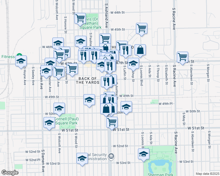 map of restaurants, bars, coffee shops, grocery stores, and more near 4805 South Ashland Avenue in Chicago