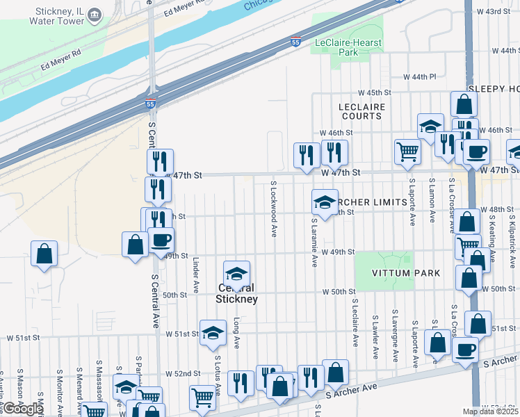 map of restaurants, bars, coffee shops, grocery stores, and more near 4737 South Lorel Avenue in Chicago