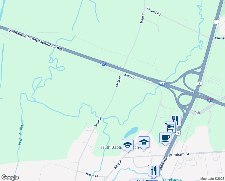 map of restaurants, bars, coffee shops, grocery stores, and more near 269 Main Street in South Windsor