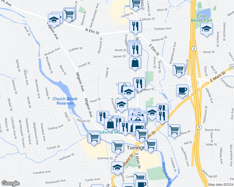 map of restaurants, bars, coffee shops, grocery stores, and more near 102 Pearl Street in Torrington