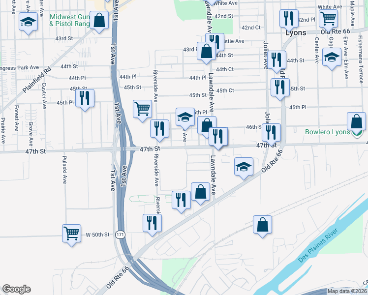 map of restaurants, bars, coffee shops, grocery stores, and more near 8301 47th Street in Lyons