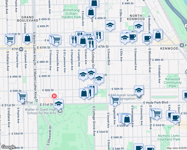map of restaurants, bars, coffee shops, grocery stores, and more near S Cottage Grove Ave & E 49th St in Chicago