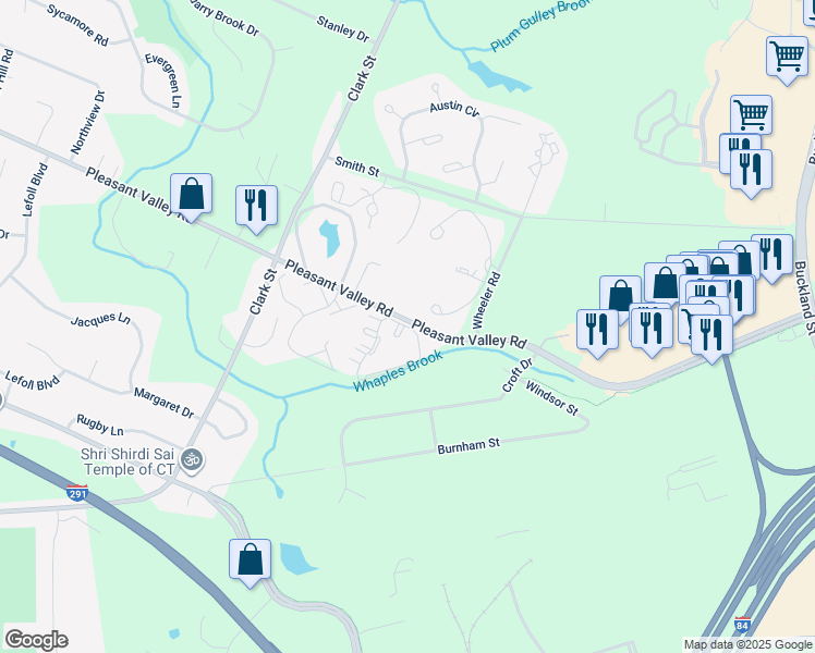 map of restaurants, bars, coffee shops, grocery stores, and more near 73 Ivy Lane in South Windsor