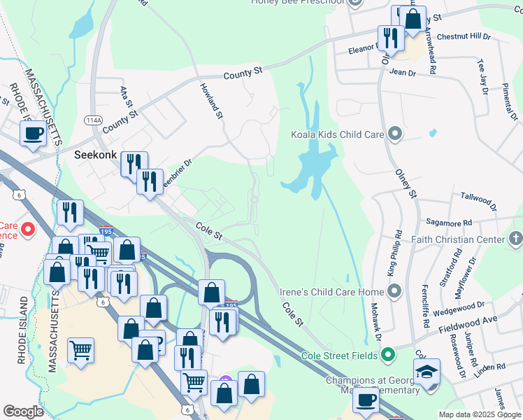 map of restaurants, bars, coffee shops, grocery stores, and more near 9 Springhouse Trail in Seekonk
