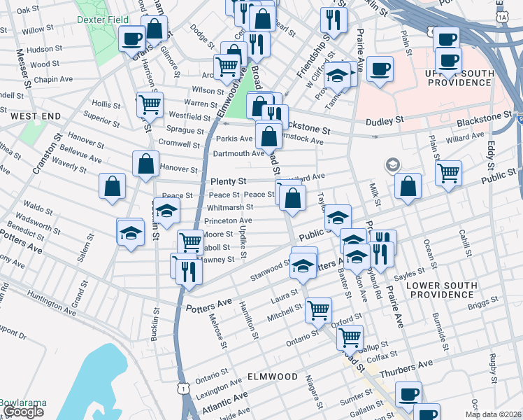 map of restaurants, bars, coffee shops, grocery stores, and more near 16 Peace Street in Providence