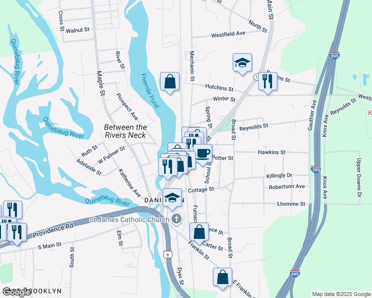 map of restaurants, bars, coffee shops, grocery stores, and more near 49 Commerce Avenue in Killingly