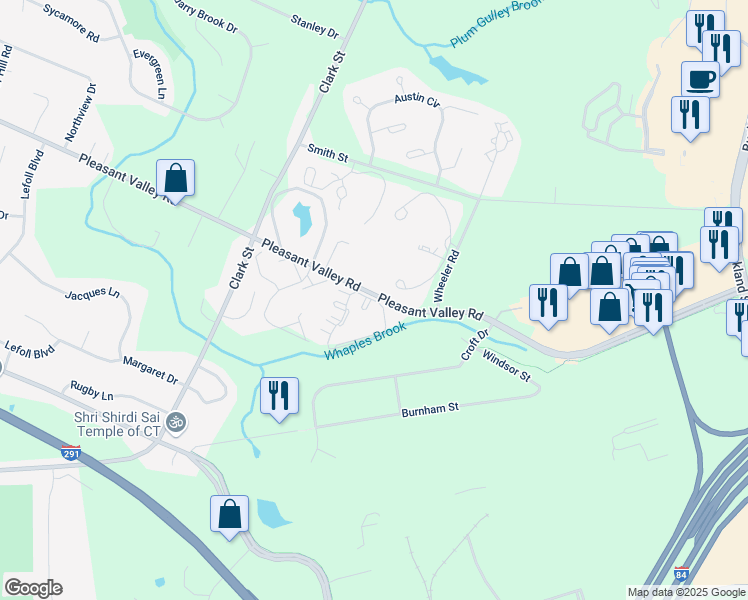map of restaurants, bars, coffee shops, grocery stores, and more near 122 Ivy Lane in South Windsor