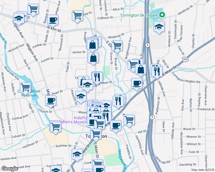 map of restaurants, bars, coffee shops, grocery stores, and more near 15 Grove Street in Torrington