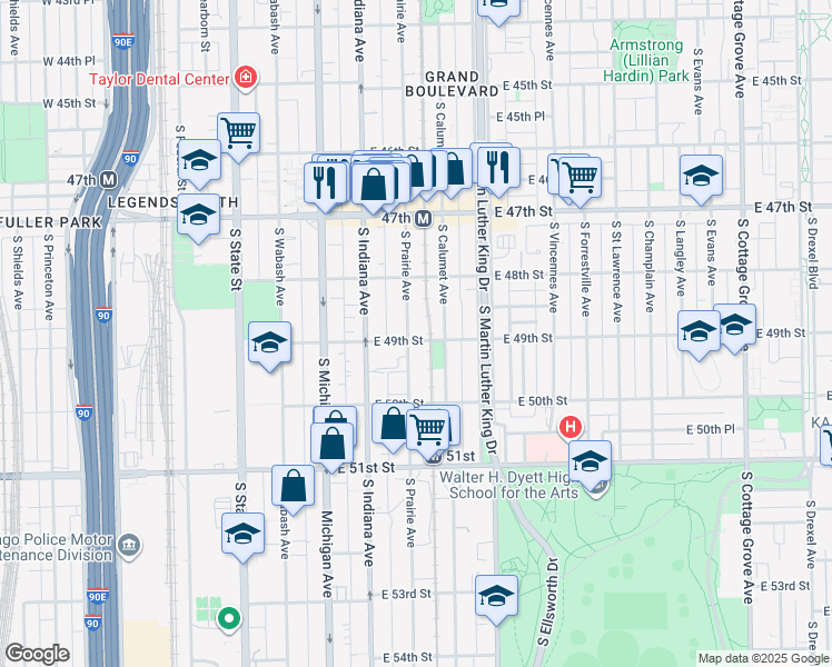 map of restaurants, bars, coffee shops, grocery stores, and more near 4839 South Prairie Avenue in Chicago