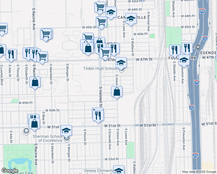 map of restaurants, bars, coffee shops, grocery stores, and more near 4887 South Halsted Street in Chicago