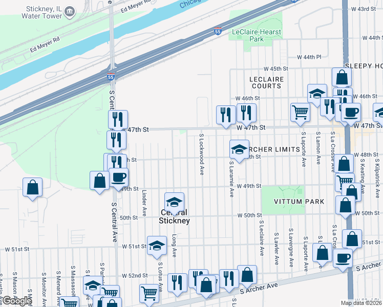 map of restaurants, bars, coffee shops, grocery stores, and more near 4737 South Lorel Avenue in Chicago