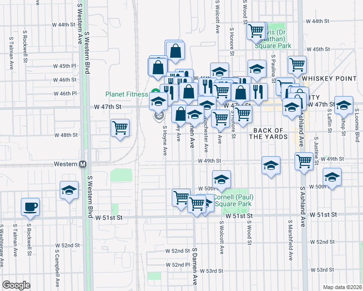 map of restaurants, bars, coffee shops, grocery stores, and more near 4825 South Seeley Avenue in Chicago